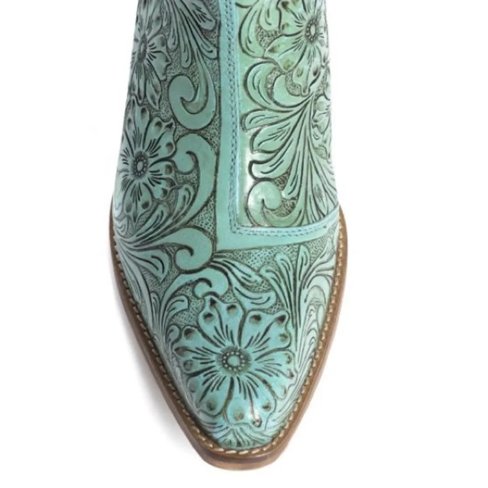 🔥Hand Tooled Genuine Leather Women Bootie Boot Boho Western Shoe Teal Turquoise - Picture 8 of 11